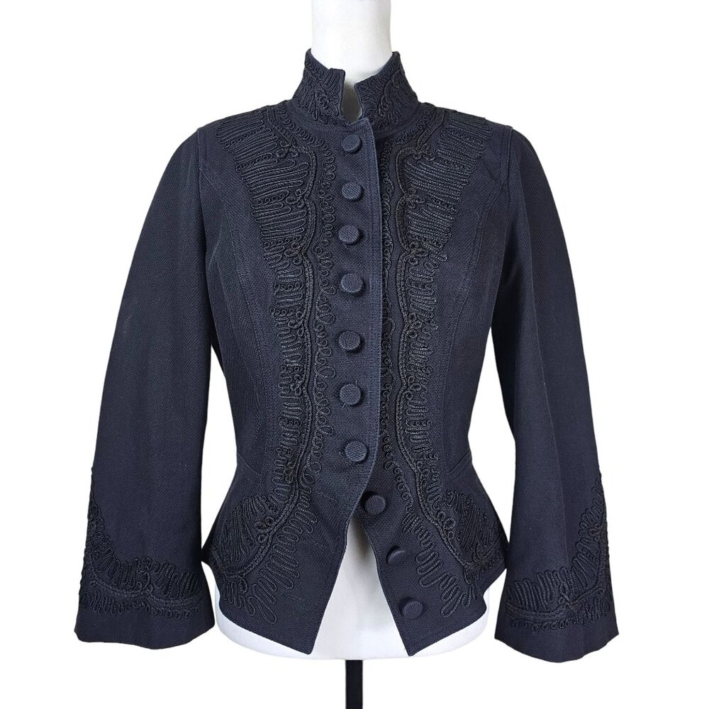 Charles Chang-Lima Womens Black Embroidered Military Style Jacket Peplum Sz 10